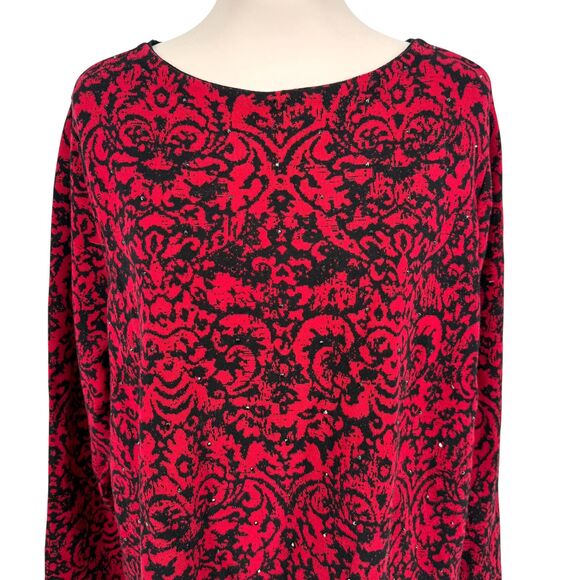 J. Jill Jacquard Tunic Sweater 3X Red Black Damask Rhinestone Sparkle Holiday - Picture 5 of 11